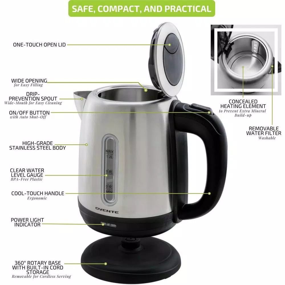 Top 10 π Ovente 5-Cup Stainless Steel Electric Kettle, BPA-Free, Concealed Heating Element, Auto Shut Off & Boil-Dry Protection 𧨠- Image 2